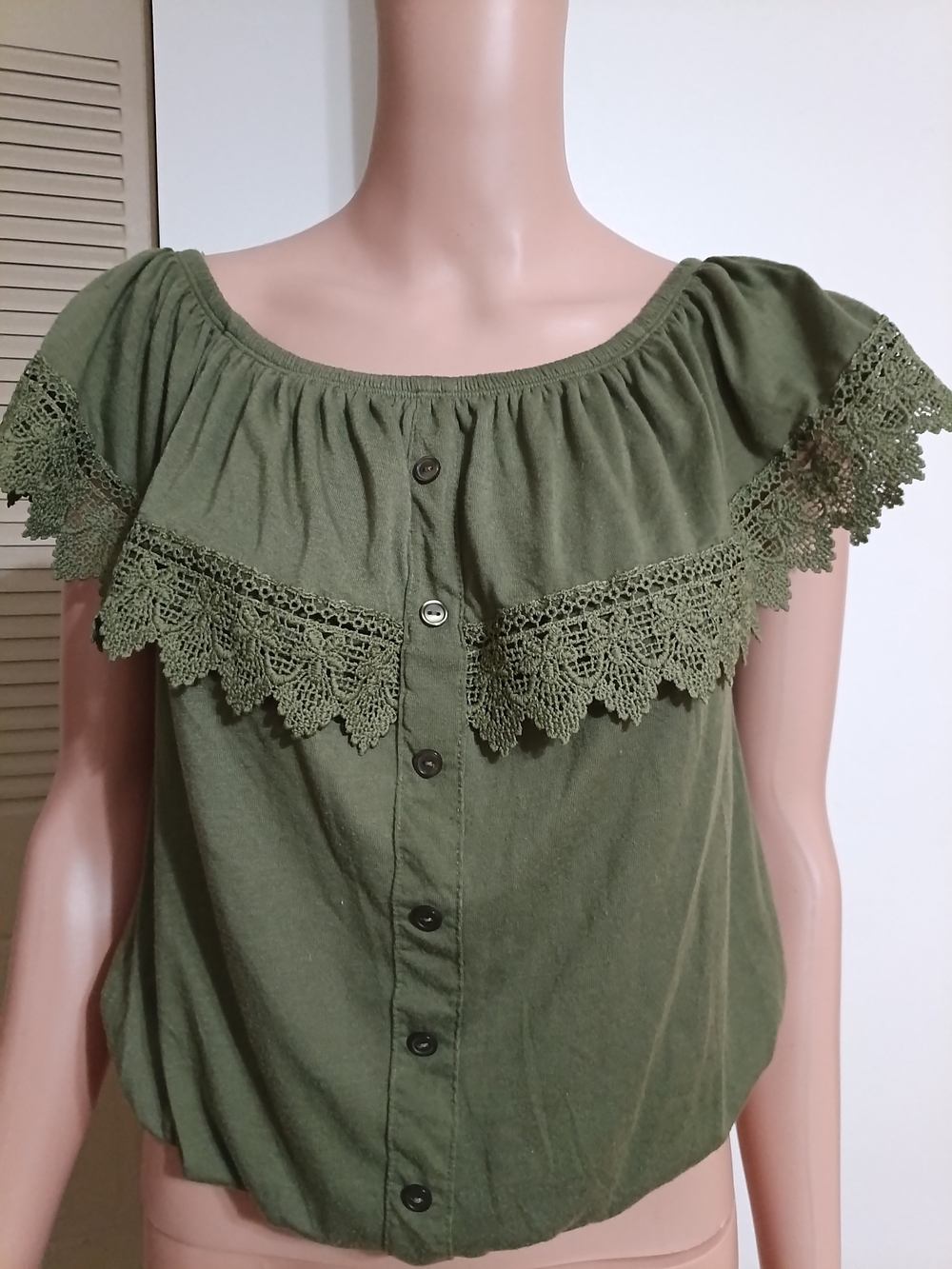 No Boundaries Olive Green Crochet-Trim Button-Front Top